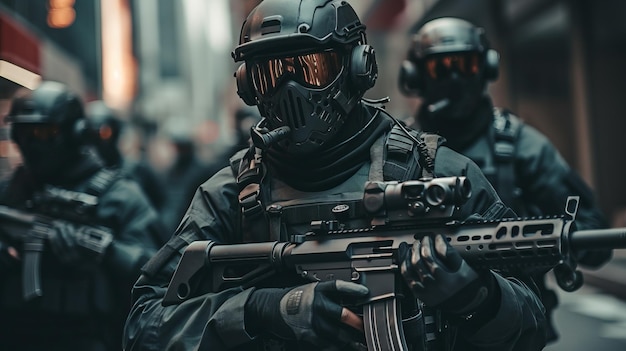 Futuristic US swat soldier squad with a guns AI generative