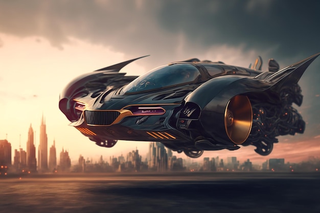 A futuristic vehicle is flying in the sky.