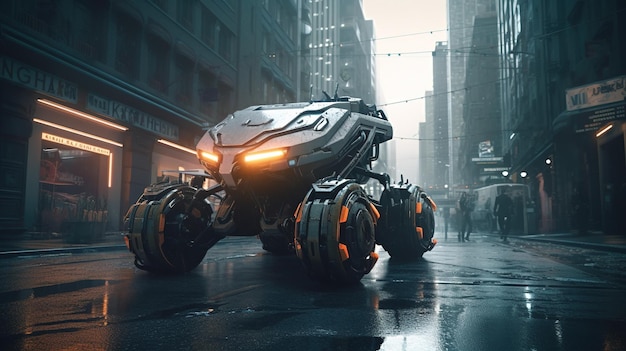 A futuristic vehicle in the rain with the word sci - fi on the front.