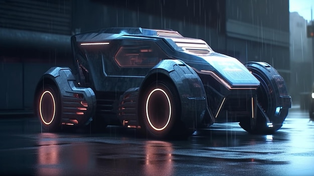 A futuristic vehicle in the rain