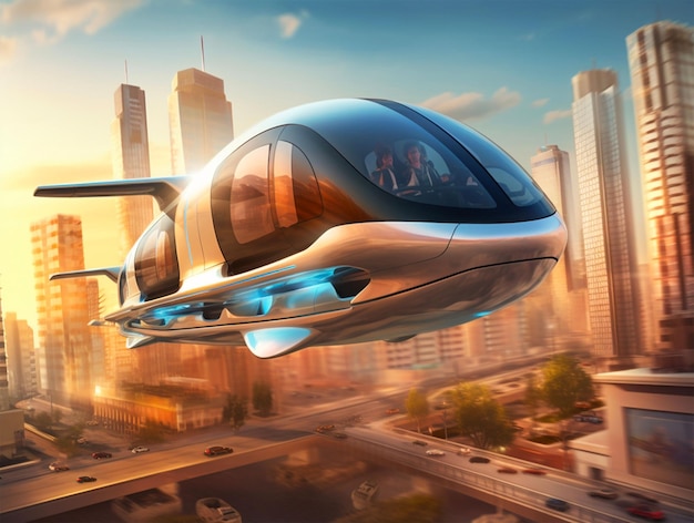 Futuristic vehicle soaring through the sky above a metropolitan cityscape AIgenerated