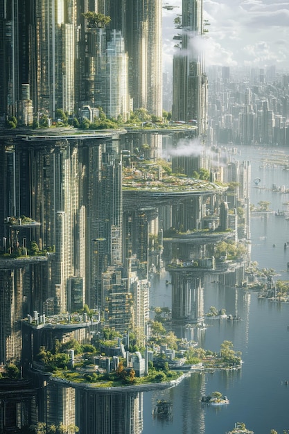 Photo futuristic vertical cityscape with skyscrapers and greenery overlooking a water body on a cloudy day