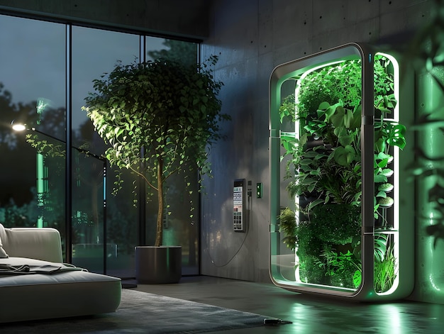 Photo futuristic vertical garden with intelligent robotic plant care and bioluminescent lighting