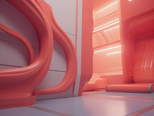 Futuristic Vibrant Red Curve Corridor with Geometric Design in SciFi Interior Setting