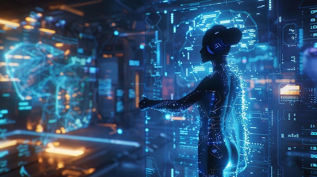 Futuristic Virtual Assistants AI Person Standing in Front of Background