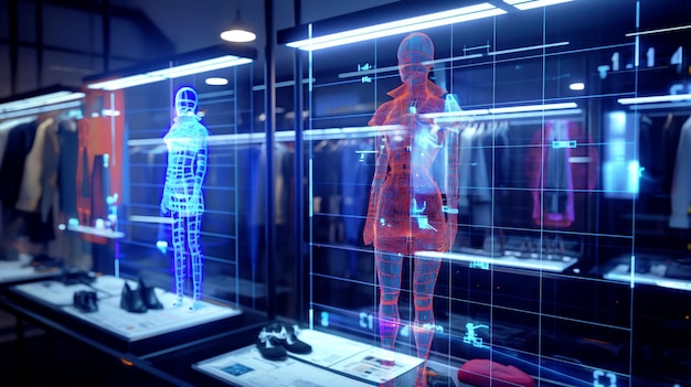 Photo futuristic virtual clothing display with holographic mannequins in a hightech retail store