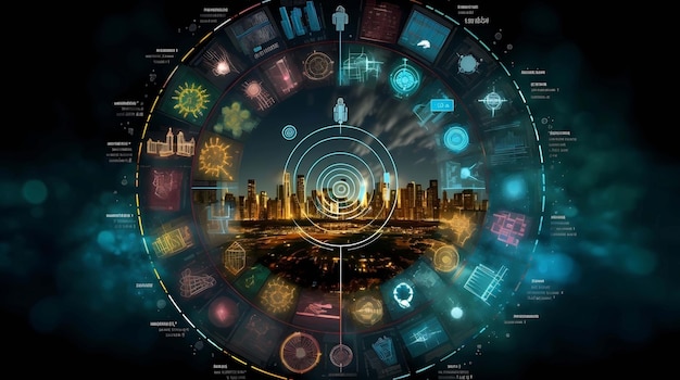 Futuristic virtual graphic touch user interface showing modern cityscape view