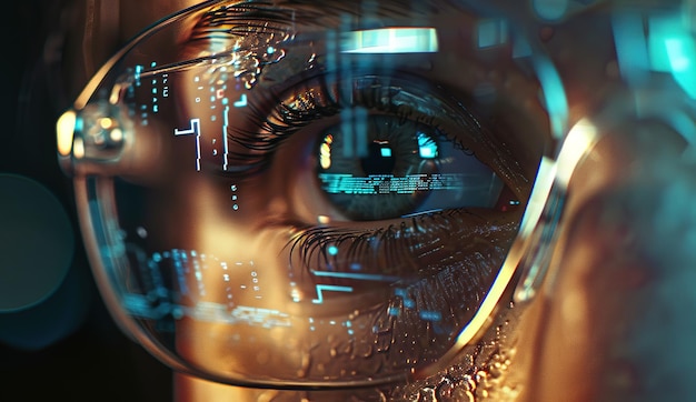 Futuristic vision closeup of a human eye enhanced with digital augmented reality technology illuminated with colorful lights and data