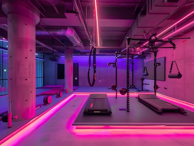 Futuristic VR Fitness Gym with Vibrant LED Lit Exercise Zones and Minimalist Industrial Aesthetic