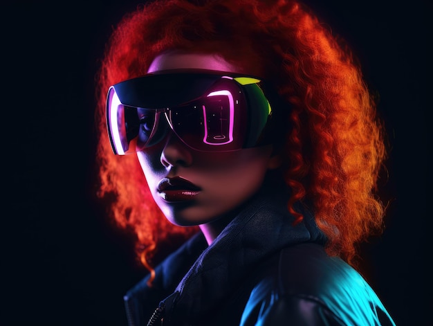 Futuristic vr glasses face and black woman with red hair generative ai