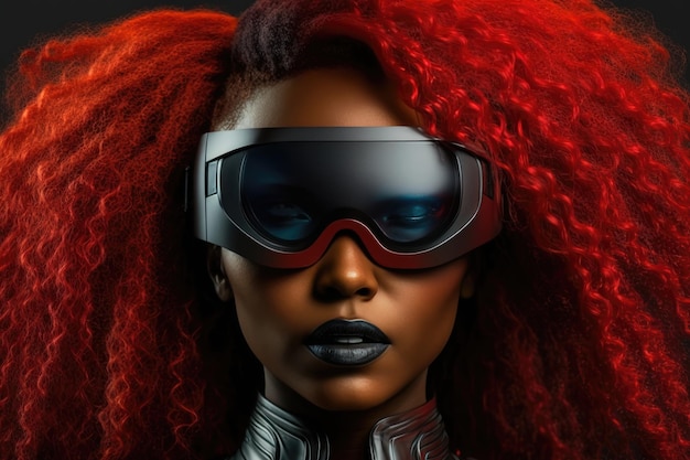 Futuristic vr glasses face and black woman with red hair isolated on dark neon background metaverse AI generated