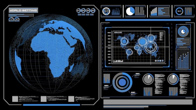 Futuristic VR head-up display design with orbital global network 3D rendering