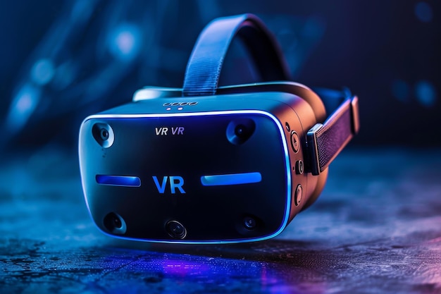 Futuristic VR headset on a blue surface showcasing advanced virtual reality technology and innovat