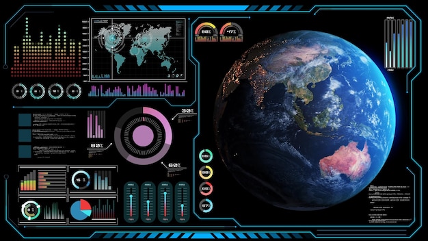 Futuristic VR headup display design with orbital global network 3D rendering