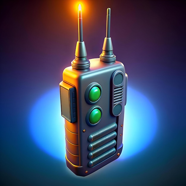 A futuristic walkie talkie with glowing green buttons and an orange antenna