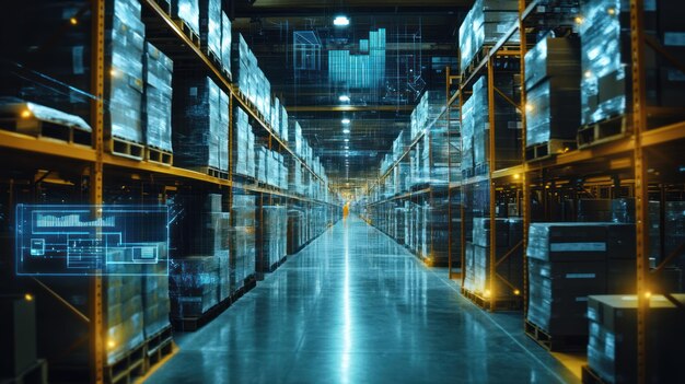 Futuristic Warehouse Interior with Digital Overlay