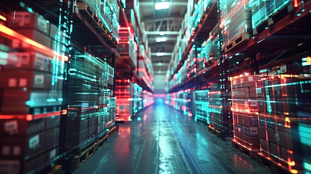 Photo futuristic warehouse management system stacked pallets with holographic product data overlay