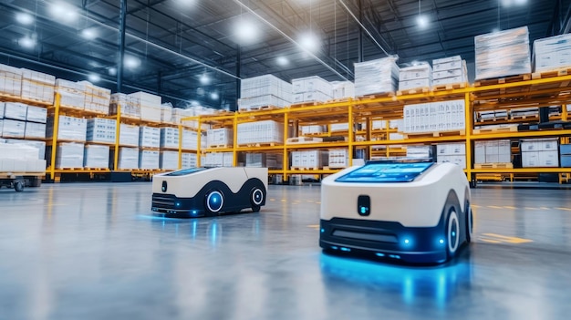 A futuristic warehouse where AIpowered systems manage logistics inventory and order fulfillment