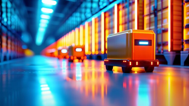 futuristic warehouse with automated delivery robots in blue and orange lighting