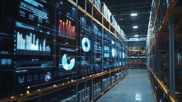 Futuristic Warehouse with Holographic Data Displays