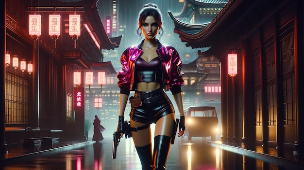 Futuristic Warrior in Shimmering Neon Rainy Asian Urban Landscape