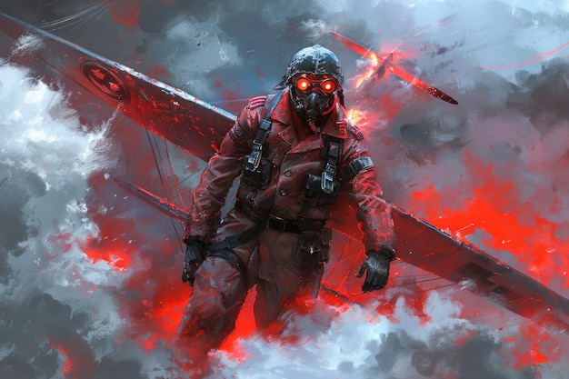 Futuristic Warrior with Glowing Eyes Holding a Sword in a Battle Atmosphere with Red Mist