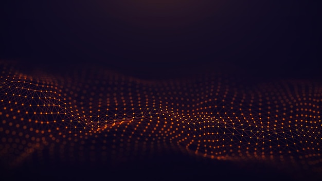 Futuristic wave The concept of big data Network connection Cybernetics Abstract dark background of golden lines with dots 3d rendering