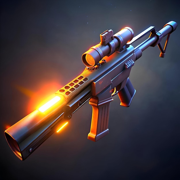 A futuristic weapon with a glowing barrel and a scope rendered in a vibrant digital style