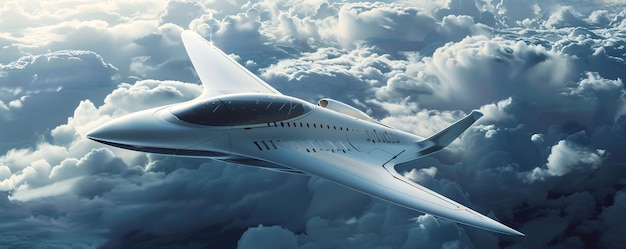 Futuristic white aircraft flying above the clouds