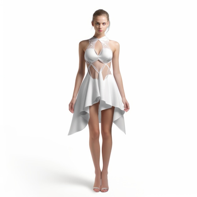 Photo futuristic white aline dress on model with intricate costumes