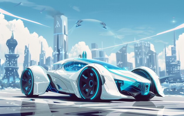 A futuristic white car with blue illuminated wheels stands before a stylized cityscape reflecting off the glossy surface below