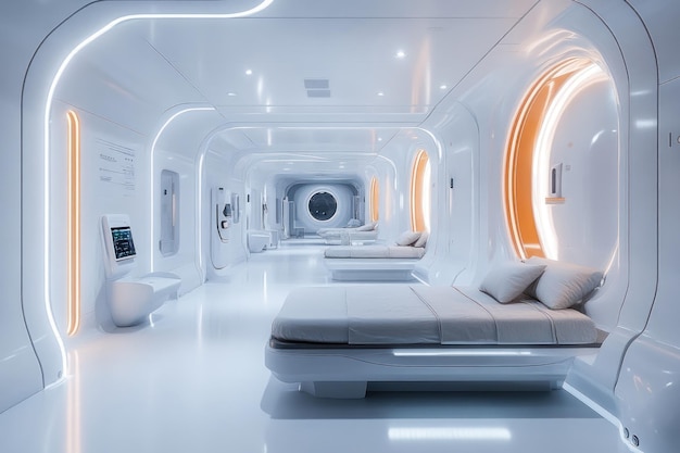 Futuristic White Corridor with Beds and Circular Windows