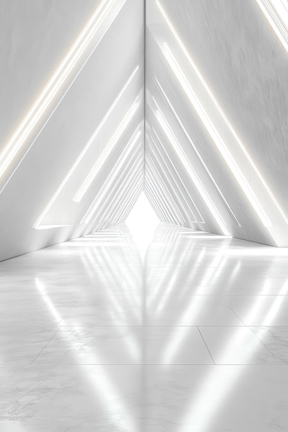 Photo futuristic white corridor with geometric light patterns and reflective surfaces