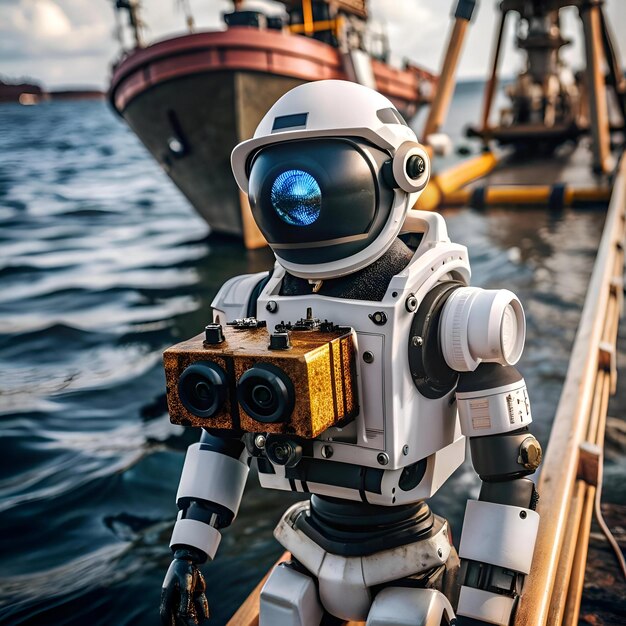 Photo a futuristic white robot marine surveyor stands proudly on a dock surveying the water with its advanced equipment