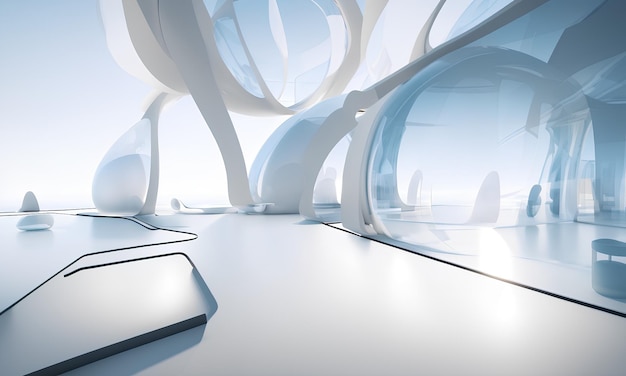 Futuristic white room under the open sky, product view