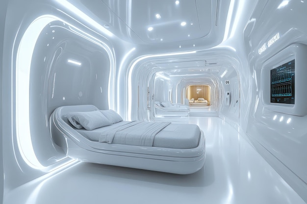 Futuristic White Room with a Bed and a Corridor