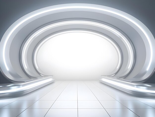 Futuristic White and Silver 3D Neon Illuminated Tunnel Stage Backdrop for Modern Interior Design