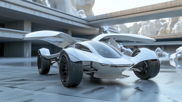 Futuristic white sports car with open wings