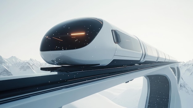 Futuristic White Train on Elevated Track in Snowy Mountains