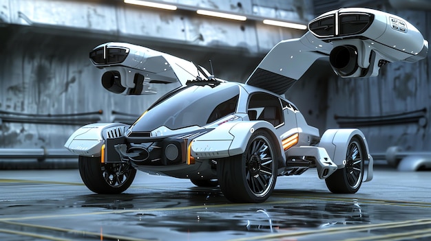 A futuristic white vehicle with retractable wings in a futuristic setting