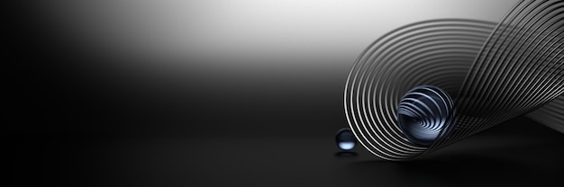 Futuristic wide black banner with curved line geometric shape with two glass balls 3d render