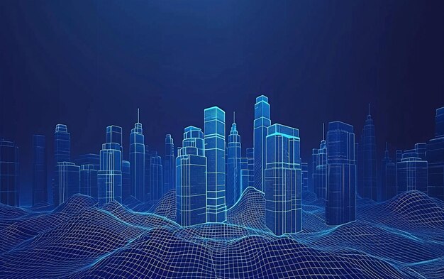 Photo futuristic wireframe cityscape with digital connections and blue volumetric light