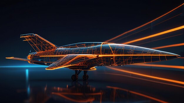 Photo a futuristic wireframe jet with orange glowing lines and a dark blue background