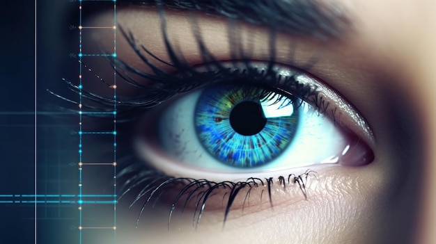 Futuristic woman eye display cyberspace concept science background