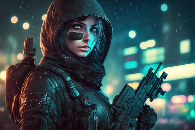 A futuristic woman in a hooded leather jacket wears holds an assault rifle in one hand on a night bokeh in the city Cyberpunk girl concept