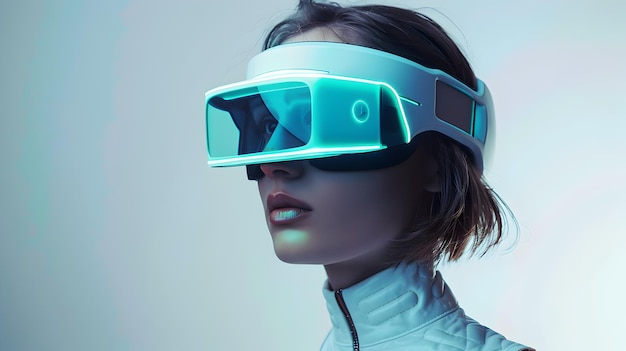 Futuristic Woman in NeonLit Virtual Reality Glasses Captured in Minimalist Portrait Style