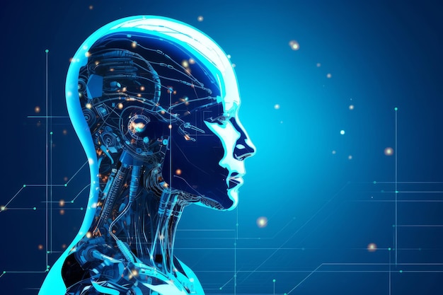 A futuristic woman's head with a blue background and digital elements