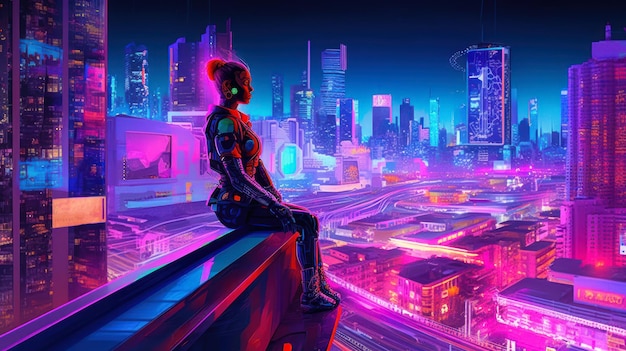 Futuristic woman sit on the roof of the house fantasy city world cyberpunk generative ai