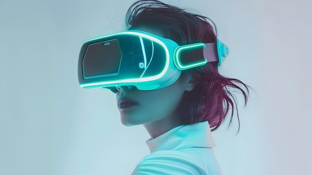 Futuristic Woman Wearing Illuminated VR Glasses Against Minimalist White and Gray Backdrop