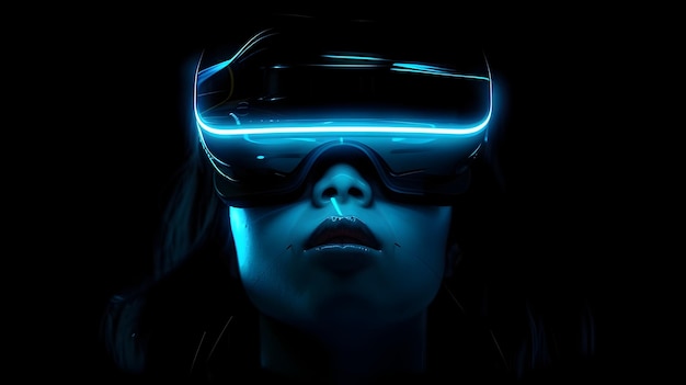 Futuristic Woman Wearing Virtual Reality Headset in Dark Blue Illumination